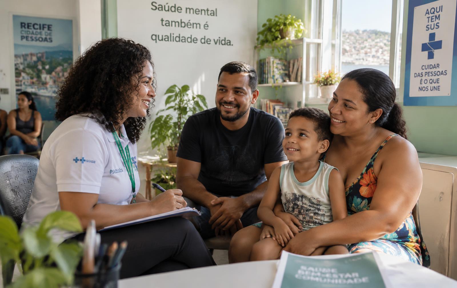 Psicóloga conversando com uma família sorridente em um centro comunitário iluminado